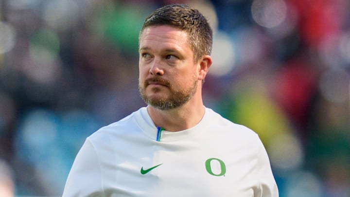 Oregon head coach Dan Lanning walks the field during warmups as the Oregon Ducks take on the Texas Tech Red Raiders in the Orange Bowl on Jan. 1, 2026, at Hard Rock Stadium in Miami, Florida.