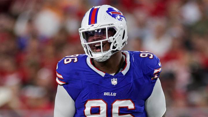 Aug 23, 2025; Tampa, Florida, USA; Buffalo Bills defensive tackle Deone Walker (96) reacts after a play against the Tampa Bay Buccaneers in the first quarter at Raymond James Stadium. Mandatory Credit: Nathan Ray Seebeck-Imagn Images