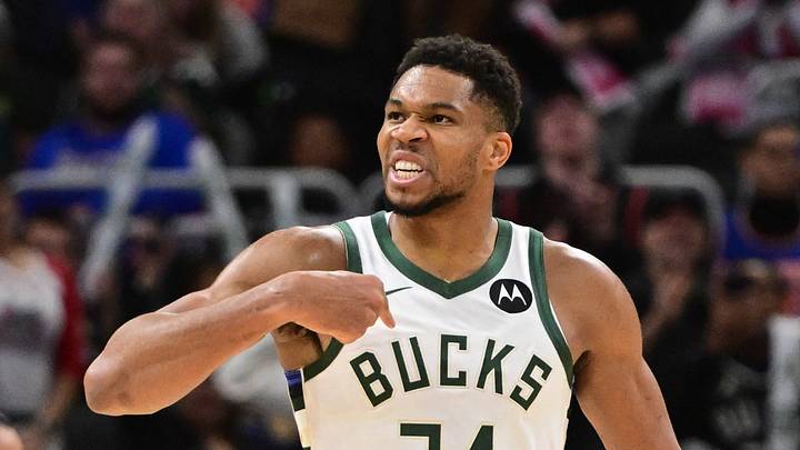 Oct 28, 2025; Milwaukee, Wisconsin, USA; Milwaukee Bucks forward Giannis Antetokounmpo (34) reacts after scoring a basket in the 3rd quarter against the New York Knicks at Fiserv Forum. Mandatory Credit: Benny Sieu-Imagn Images