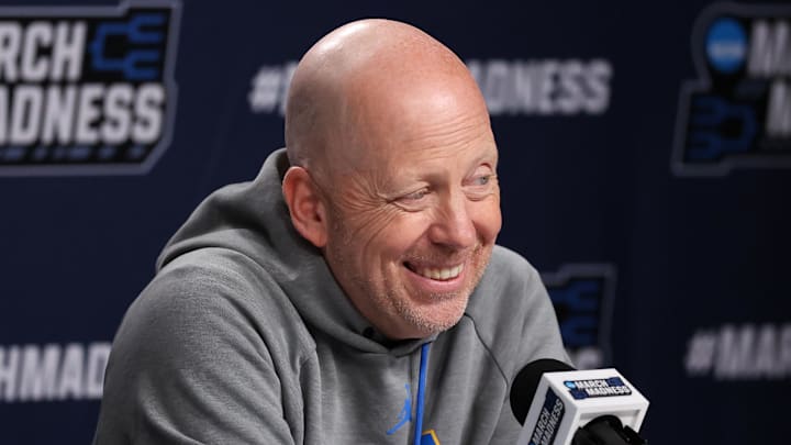 Mar 19, 2026; Philadelphia, PA, USA; UCLA Bruins head coach Mick Cronin speaks with the media before a practice session ahead of the first round of the men's 2026 NCAA Tournament at Xfinity Mobile Arena. Mandatory Credit: Bill Streicher-Imagn Images