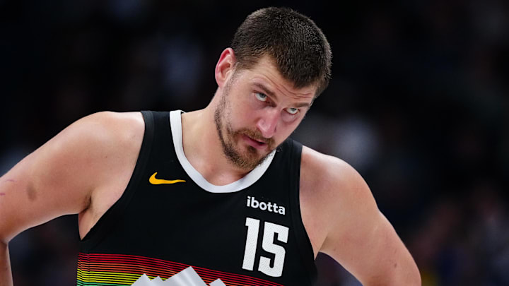 Mar 6, 2026; Denver, Colorado, USA; Denver Nuggets center Nikola Jokic (15) during the second quarter against the New York Knicks at Ball Arena. Mandatory Credit: Ron Chenoy-Imagn Images