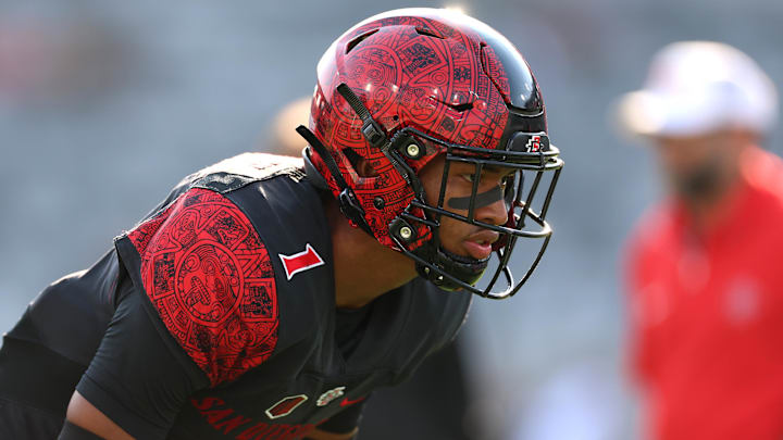 Oct 5, 2024; San Diego, California, USA; San Diego State Aztecs cornerback Chris Johnson (1) warms up against the Hawaii Rainbow Warriors before the game at Snapdragon Stadium. Mandatory Credit: Abe Arredondo-Imagn Images Oct 5, 2024; San Diego, California, USA; San Diego State Aztecs cornerback Chris Johnson (1) warms up against the Hawaii Rainbow Warriors before the game at Snapdragon Stadium. Mandatory Credit: Abe Arredondo-Imagn Images