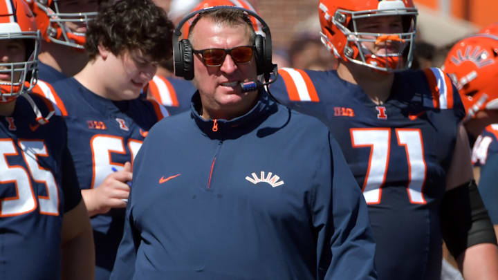 Sep 14, 2024; Champaign, Illinois, USA; Illinois Fighting Illini head coach Bret Bielema on the sidelines during the second half against the Central Michigan Chippewas at Memorial Stadium. Mandatory Credit: Ron Johnson-Imagn Images