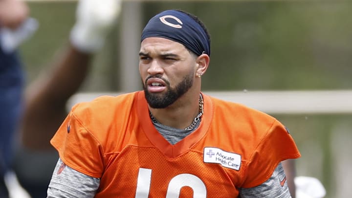 Jun 3, 2025; Lake Forest, IL, USA; Chicago Bears quarterback Caleb Williams (18) warms up during minicamp at Halas Hall. Mandatory Credit: Kamil Krzaczynski-Imagn Images
