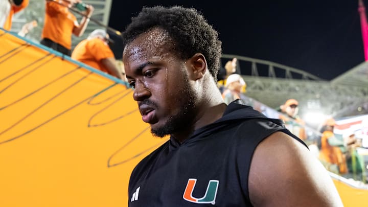 Jan 19, 2026; Miami Gardens, FL, USA; Miami Hurricanes defensive lineman Rueben Bain Jr. (4) against the Indiana Hoosiers during the College Football Playoff National Championship game at Hard Rock Stadium. Mandatory Credit: Mark J. Rebilas-Imagn Images
