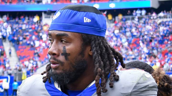 Sep 27, 2026; Orchard Park, New York, USA; Buffalo Bills running back James Cook (4) on the field after a game against the Los Angeles Chargers at New Highmark Stadium. Mandatory Credit: Mark Konezny-Imagn Images