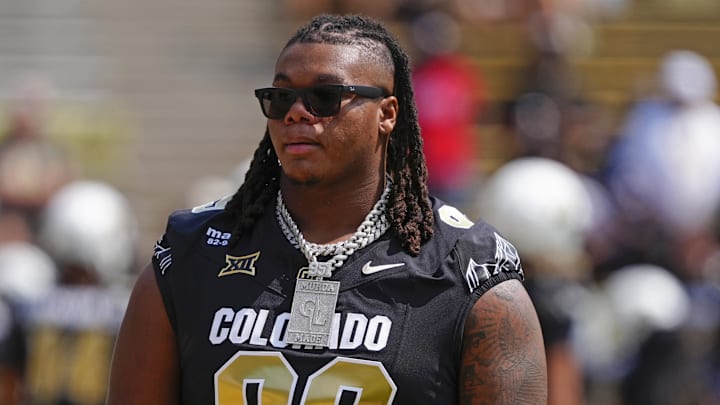 Sep 6, 2025; Boulder, Colorado, USA; Colorado Buffaloes defensive tackle Gavriel Lightfoot (99) before the game against the Delaware Fightin Blue Hens at Folsom Field. Mandatory Credit: Ron Chenoy-Imagn Images