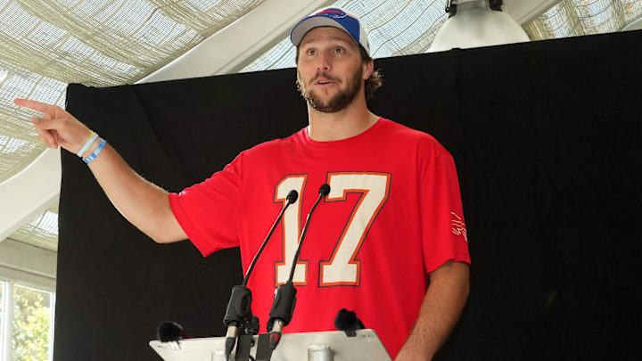 Buffalo Bills quarterback Josh Allen (17) speaks at press conference at The Grove Hotel.