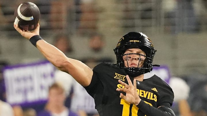 Sep 26, 2025; Tempe, Arizona, USA; Arizona State Sun Devils quarterback Sam Leavitt (10) throws the ball against the TCU Horned Frogs in the first half at Mountain America Stadium, Home of the ASU Sun Devils. Mandatory Credit: Jacob Reiner-Imagn Images