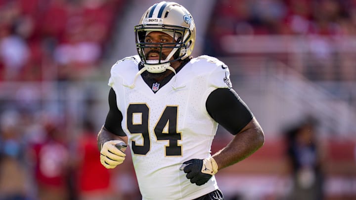 August 18, 2024; Santa Clara, California, USA; New Orleans Saints defensive end Cameron Jordan (94) before the game against the San Francisco 49ers at Levi's Stadium. 