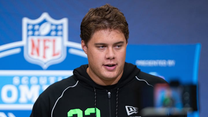 Feb 28, 2026; Indianapolis, IN, USA; Utah offensive lineman Caleb Lomu (OL33) speaks to members of the media during the NFL Combine at the Indiana Convention Center. Mandatory Credit: Jacob Musselman-Imagn Images