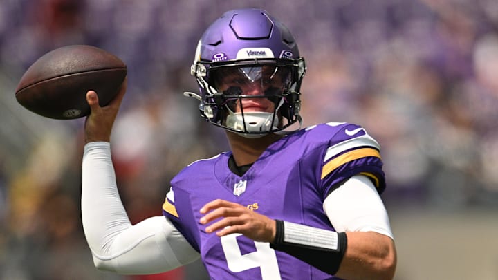Aug 10, 2024; Minneapolis, Minnesota, USA; Minnesota Vikings quarterback J.J. McCarthy (9) warms up before the game against the Las Vegas Raiders at U.S. Bank Stadium. Mandatory Credit: Jeffrey Becker-Imagn Images