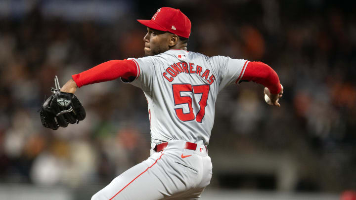 Jun 14, 2024; San Francisco, California, USA; Los Angeles Angels pitcher Roansy Contreras (57) delivers a pitch against the San Francisco Giants during the eighth inning at Oracle Park. Mandatory Credit: D. Ross Cameron-USA TODAY Sports Jun 14, 2024; San Francisco, California, USA; Los Angeles Angels pitcher Roansy Contreras (57) delivers a pitch against the San Francisco Giants during the eighth inning at Oracle Park. Mandatory Credit: D. Ross Cameron-USA TODAY Sports