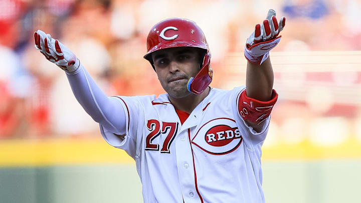 Cincinnati Reds first baseman Sal Stewart (27) reacts Cincinnati Reds first baseman Sal Stewart (27) reacts