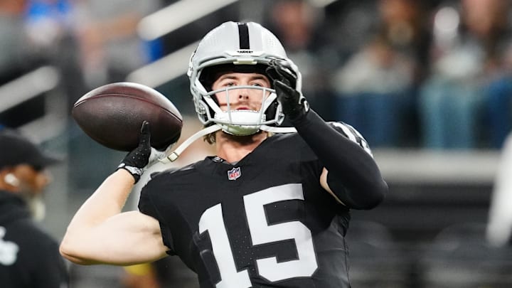 Sep 15, 2025; Paradise, Nevada, USA; Las Vegas Raiders quarterback Kenny Pickett (15) throws a pass during warm ups before the game against the Los Angeles Chargers at Allegiant Stadium. Mandatory Credit: Stephen R. Sylvanie -Imagn Images