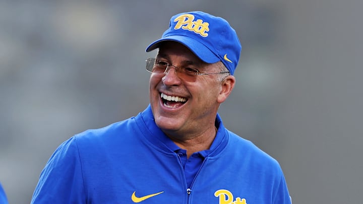 Sep 30, 2023; Blacksburg, Virginia, USA; Pittsburgh Panthers head coach Pat Narduzzi reacts before the game against the Virginia Tech Hokies at Lane Stadium. Mandatory Credit: Peter Casey-Imagn Images