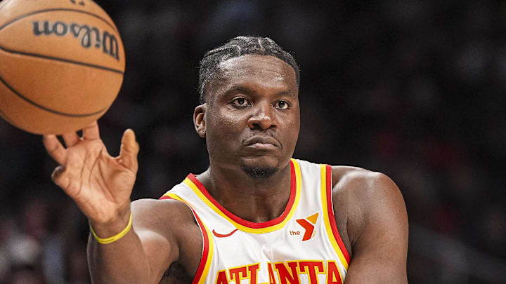 Jan 25, 2025; Atlanta, Georgia, USA; Atlanta Hawks center Clint Capela (15) inbounds the ball against the Toronto Raptors during the first half at State Farm Arena. Mandatory Credit: Dale Zanine-Imagn Images Jan 25, 2025; Atlanta, Georgia, USA; Atlanta Hawks center Clint Capela (15) inbounds the ball against the Toronto Raptors during the first half at State Farm Arena. Mandatory Credit: Dale Zanine-Imagn Images