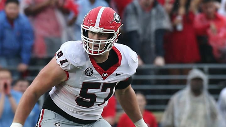 Nov 9, 2024; Oxford, Mississippi, USA; Georgia Bulldogs offensive lineman Monroe Freeling (57) blocks during the first half against the Mississippi Rebels at Vaught-Hemingway Stadium. Mandatory Credit: Petre Thomas-Imagn Images