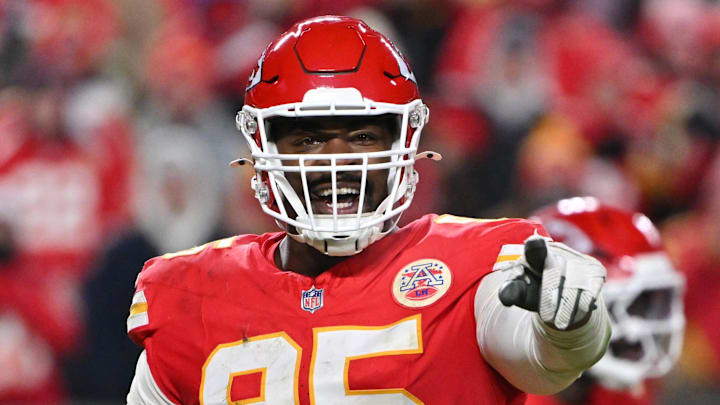 Dec 7, 2025; Kansas City, Missouri, USA; Kansas City Chiefs defensive tackle Chris Jones (95) celebrates after a play during the third quarter against the Houston Texans at GEHA Field at Arrowhead Stadium. Mandatory Credit: Amy Kontras-Imagn Images