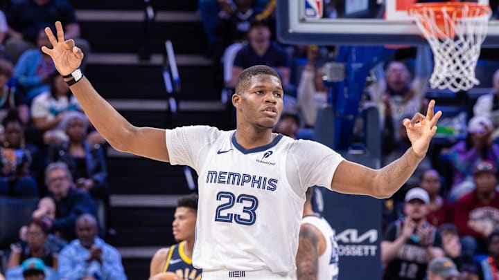 Oct 25, 2025; Memphis, Tennessee, USA; Memphis Grizzlies forward Cedric Coward (23) reacts after a three point basket against the Indiana Pacers during the second half at FedExForum. Mandatory Credit: Wesley Hale-Imagn Images Oct 25, 2025; Memphis, Tennessee, USA; Memphis Grizzlies forward Cedric Coward (23) reacts after a three point basket against the Indiana Pacers during the second half at FedExForum. Mandatory Credit: Wesley Hale-Imagn Images