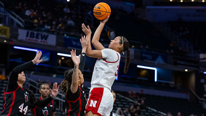 Nebraska forward Amiah Hargrove shoots against Rutgers in the first round of the Big Ten Tournament in Indianapolis on March 5, 2025. Nebraska forward Amiah Hargrove shoots against Rutgers in the first round of the Big Ten Tournament in Indianapolis on March 5, 2025.