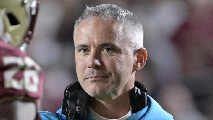 Nov 1, 2025; Tallahassee, Florida, USA; Florida State Seminoles head coach Mike Norvell celebrates a touchdown during the fourth quarter against the Wake Forest Demon Deacons at Doak S. Campbell Stadium. Mandatory Credit: Melina Myers-Imagn Images