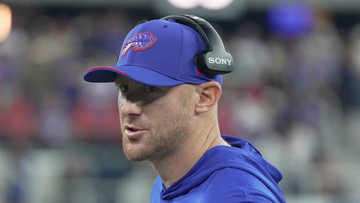 Buffalo Bills head coach Joe Brady talks to staff on the sidelines during a timeout during the second half at the Bills home opener game against the Detroit Lions on Sept. 17, 2026. Buffalo Bills head coach Joe Brady talks to staff on the sidelines during a timeout during the second half at the Bills home opener game against the Detroit Lions on Sept. 17, 2026.