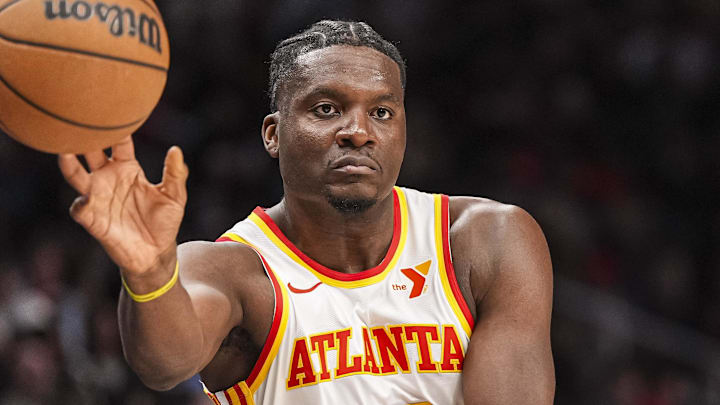 Clint Capela #15 of the Atlanta Hawks inbounds the ball against the Toronto Raptors.