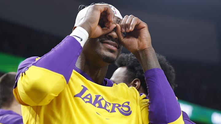 Los Angeles Lakers forward Jarred Vanderbilt (2) gestures after his team scores against the Oklahoma City Thunder during the second quarter at Paycom Center.