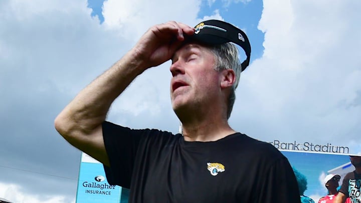 Jacksonville Jaguars head coach Doug Pederson comes off the field after a grueling loss to the Chiefs. The Jacksonville Jaguars hosted the Kansas City Chiefs at EverBank Stadium in Jacksonville, FL Sunday, September 17, 2023. The Jaguars fell 17 to 9 to to the Chiefs.