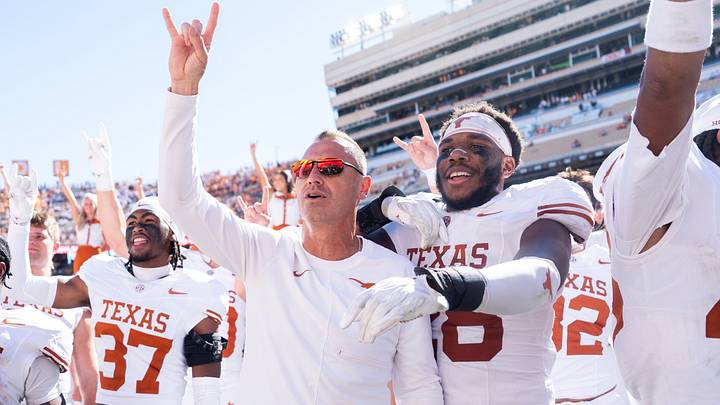 Texas coach Steve Sarkisian sings “The Eyes of Texas” with his team after a college football game between Tennessee and Texas at Neyland Stadium in Knoxville, Tenn. on Sept. 26, 2026.