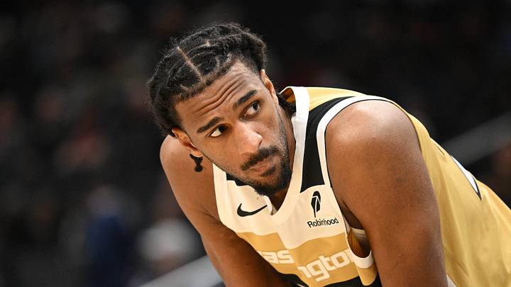 Feb 8, 2026; Washington, District of Columbia, USA;  Washington Wizards center Alex Sarr (20) looks up during a free throw against the Miami Heat during the third quarter at Capital One Arena. Mandatory Credit: Rafael Suanes-Imagn Images