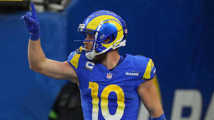 Dec 17, 2023; Inglewood, California, USA; Los Angeles Rams wide receiver Cooper Kupp (10) celebrates after a touchdown in the third quarter against the Washington Commanders at SoFi Stadium. Mandatory Credit: Kirby Lee-Imagn Images