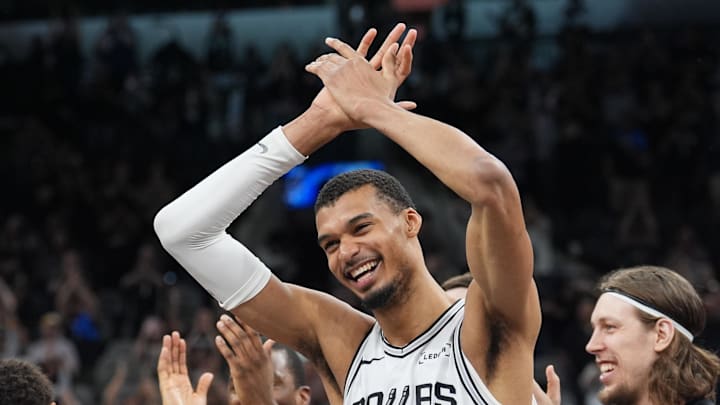 Mar 10, 2026; San Antonio, Texas, USA; San Antonio Spurs forwards Victor Wembanyama (1) and Mason Plumlee (45) celebrate after defeating the Boston Celtics at Frost Bank Center. Mandatory Credit: Daniel Dunn-Imagn Images