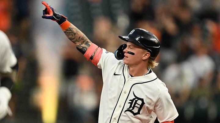 Detroit Tigers center fielder Max Clark (15) celebrates as he rounds the bases after hitting a two-run home run at Comerica Park. Credit: Lon Horwedel-Imagn Images