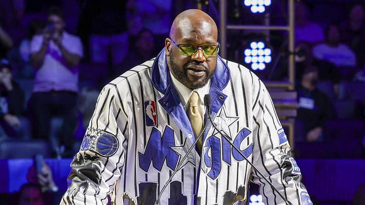 Feb 13, 2024; Orlando, Florida, USA; Shaquille O'Neal during a post game ceremony where the Orlando Magic retired his #32 jersey at Amway Center. Mandatory Credit: Mike Watters-USA TODAY Sports Feb 13, 2024; Orlando, Florida, USA; Shaquille O'Neal during a post game ceremony where the Orlando Magic retired his #32 jersey at Amway Center. Mandatory Credit: Mike Watters-USA TODAY Sports