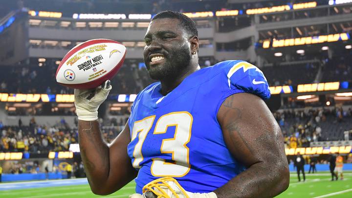 Nov 9, 2025; Inglewood, California, USA; Los Angeles Chargers guard Mekhi Becton (73) reacts after the game against the Pittsburgh Steelers at SoFi Stadium. 