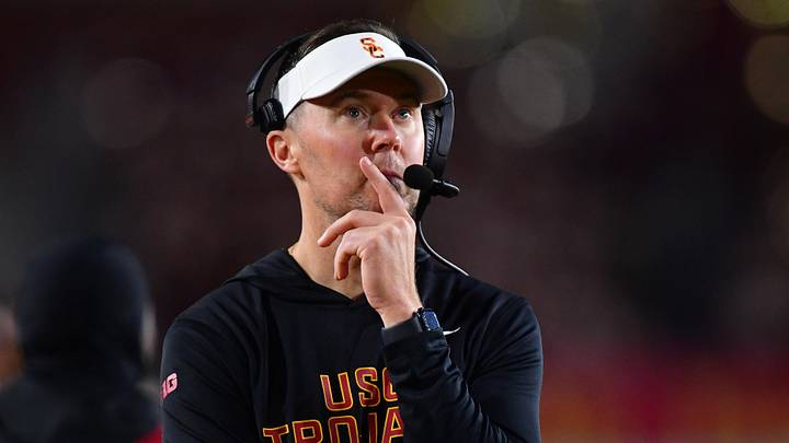 Nov 7, 2025; Los Angeles, California, USA; Southern California Trojans head coach Lincoln Riley watches game action against the Northwestern Wildcats during the second half at the Los Angeles Memorial Coliseum. Mandatory Credit: Gary A. Vasquez-Imagn Images