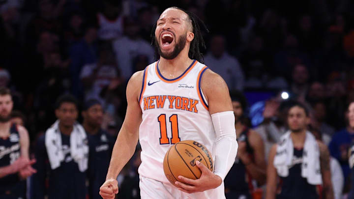 Dec 25, 2025; New York, New York, USA; New York Knicks guard Jalen Brunson (11) reacts during the fourth quarter against the Cleveland Cavaliers at Madison Square Garden. Mandatory Credit: Vincent Carchietta-Imagn Images