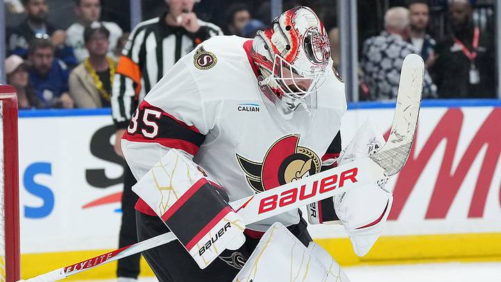 Oct 3, 2026; Toronto, Ontario, CAN;  Ottawa Senators goaltender Linus Ullmark (35) reacts after winning against the Toronto Maple Leafs at the end of the third period at Scotiabank Arena.  Mandatory Credit: Nick Turchiaro-Imagn Images