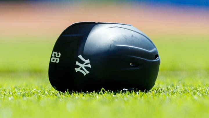 May 21, 2023; Cincinnati, Ohio, USA; The helmet of New York Yankees third baseman DJ LeMahieu (26) during the fifth inning against the Cincinnati Reds at Great American Ball Park. Mandatory Credit: Katie Stratman-Imagn Images