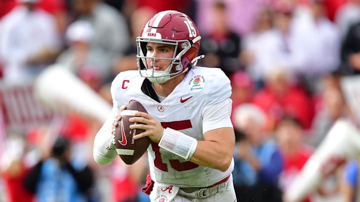 Jan 1, 2026; Pasadena, CA, USA; Alabama Crimson Tide quarterback Ty Simpson (15) looks to pass against the Indiana Hoosiers in the first half of the 2026 Rose Bowl and quarterfinal game of the College Football Playoff at Rose Bowl Stadium. Mandatory Credit: Gary A. Vasquez-Imagn Images