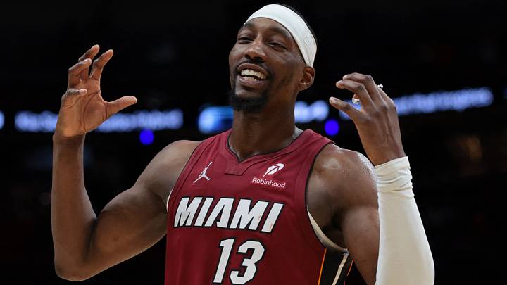 Miami Heat center Bam Adebayo (13) reacts  (Mandatory Credit: Sam Navarro-Imagn Images)