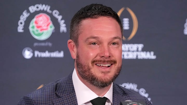 Dec 31, 2024; Los Angeles, California, USA; Oregon Ducks head coach Dan Lanning during the Rose Bowl head coaches press conference at Sheraton Grand LA. Mandatory Credit: Kirby Lee-Imagn Images