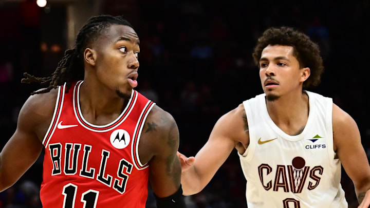 Oct 7, 2025; Cleveland, Ohio, USA; Chicago Bulls guard Ayo Dosunmu (11) drives to the basket against Cleveland Cavaliers guard Craig Porter Jr. (9) during the second half at Rocket Arena. Mandatory Credit: Ken Blaze-Imagn Images