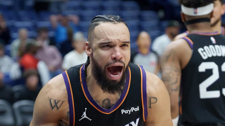 Phoenix Suns forward Dillon Brooks reacts during the fourth quarter against the New Orleans Pelicans at Smoothie King Center. Phoenix Suns forward Dillon Brooks reacts during the fourth quarter against the New Orleans Pelicans at Smoothie King Center.
