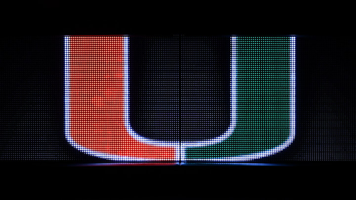 Dec 8, 2020; Coral Gables, Florida, USA; A general view of a reflection of the Miami Hurricanes school logo on the scorers table prior to the game between the Miami Hurricanes and the Purdue Boilermakers at Watsco Center. Mandatory Credit: Jasen Vinlove-Imagn Images