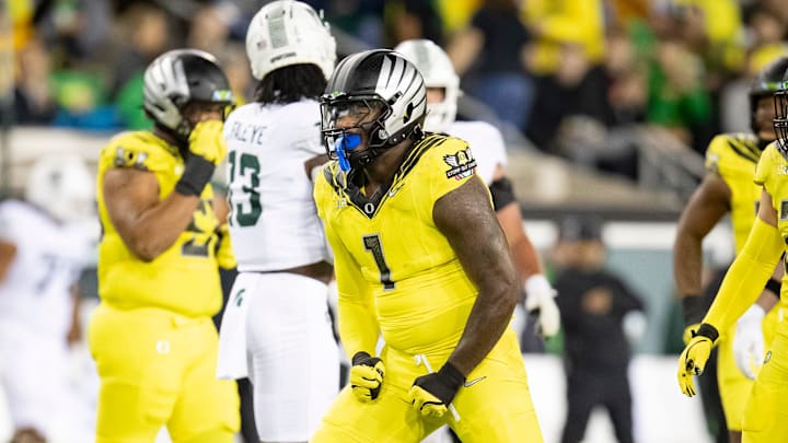 Oregon Ducks defensive end Jordan Burch celebrates a sack as the Ducks host the Spartans Friday, Oct. 4, 2024 at Autzen Stadium in Eugene, Ore.