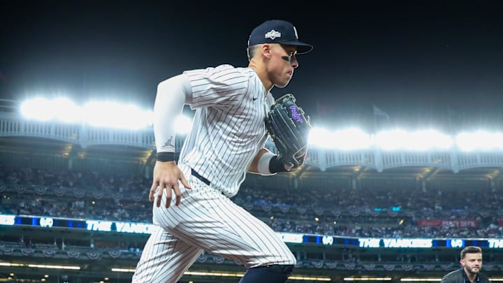 Oct 7, 2025; Bronx, New York, USA; New York Yankees outfielder Aaron Judge (99) takes the field prior to the game against the Toronto Blue Jays during game three of the ALDS round for the 2025 MLB playoffs at Yankee Stadium. Mandatory Credit: Wendell Cruz-Imagn Images
