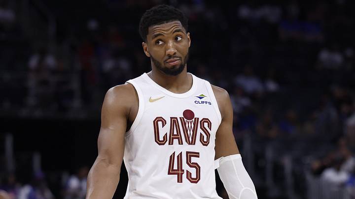 May 17, 2026; Detroit, Michigan, USA; Cleveland Cavaliers guard Donovan Mitchell (45) reacts during the second half against the Detroit Pistons during game seven of the second round of the 2026 NBA Playoffs at Little Caesars Arena. Mandatory Credit: Rick Osentoski-Imagn Images